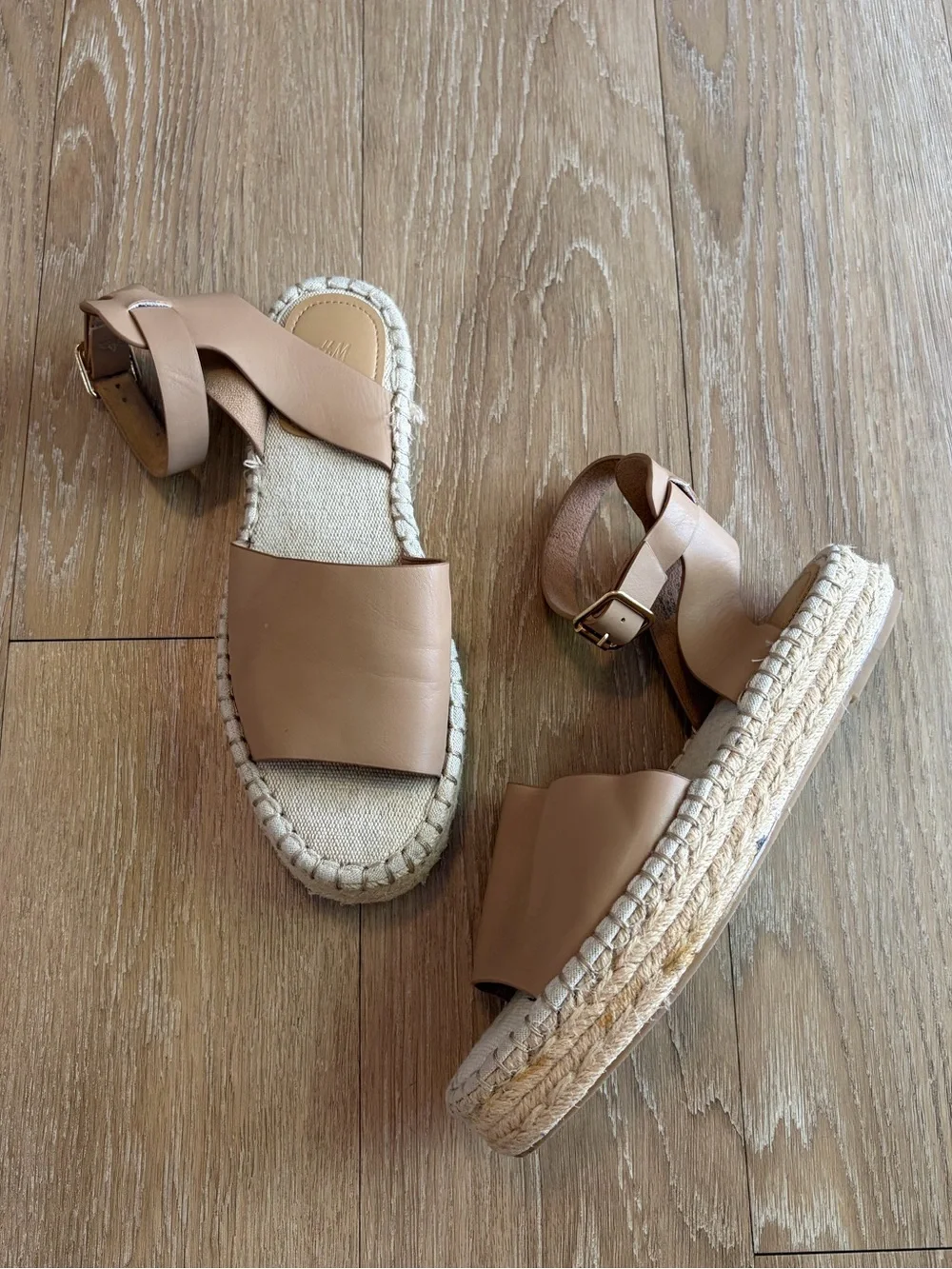 H&M Beige Leather Espadrille Sandals w/ Ankle Buckle